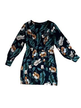 Zaful Navy Floral Long Sleeve Mini Dress - Teal & White & Tan